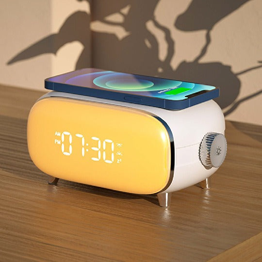 Creative wake-up alarm clock with QI wireless charging stylish atmosphere light clock sunset sleep night light table lamp