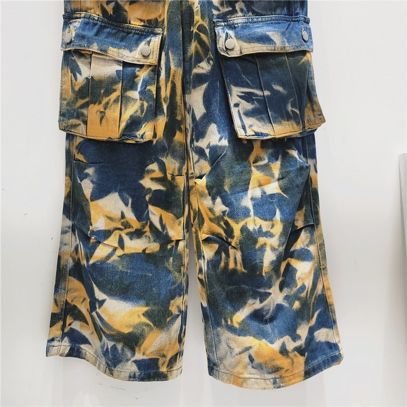 Retro street multi pocket camouflage work pants, long pants, straight leg mop jeans, wide leg pants, women's fashion