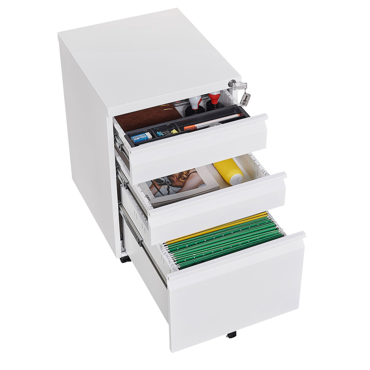 Locked three drawer storage mobile metal filing cabinet, pre assembled filing cabinet, except for wheels under the table (white)