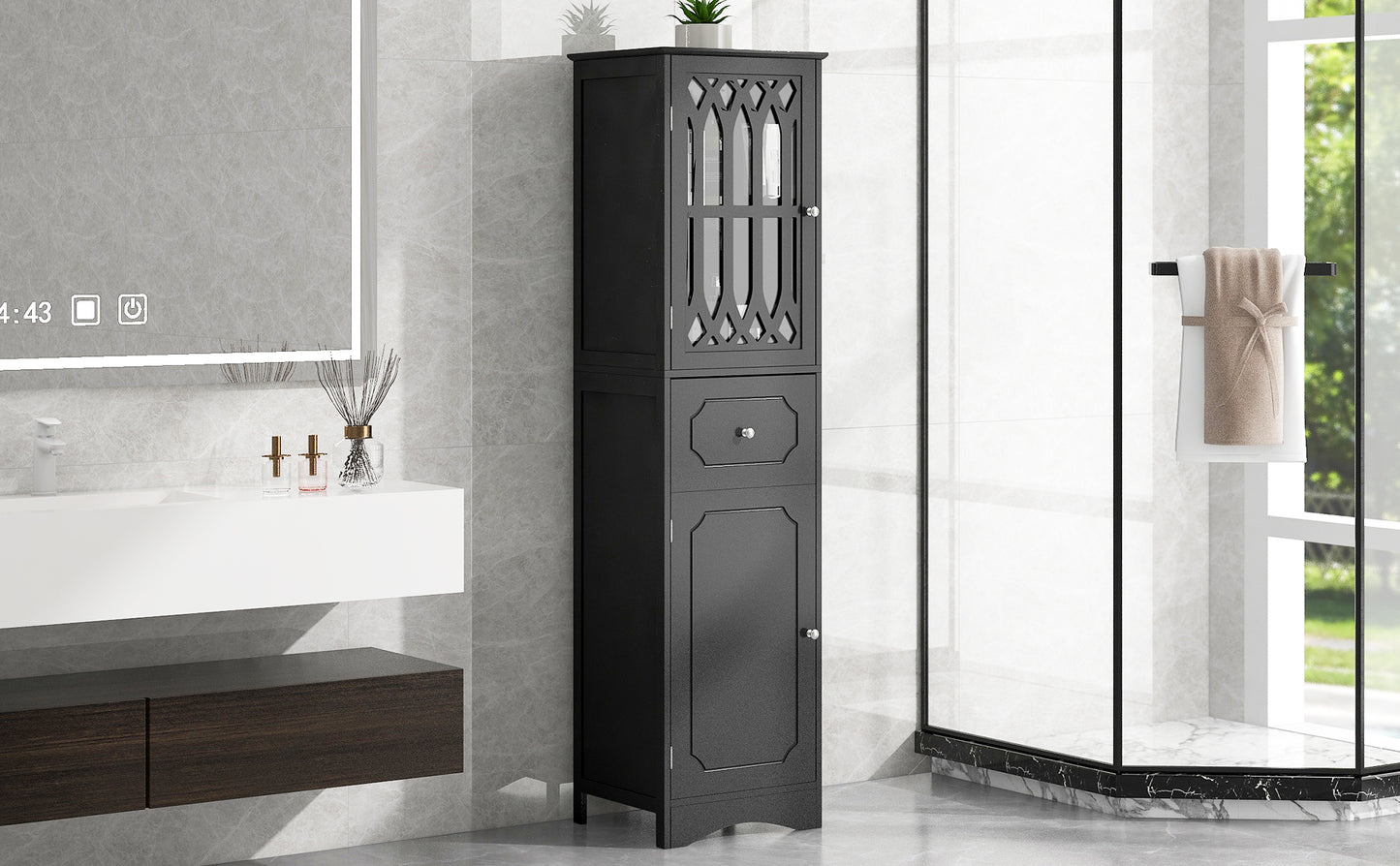 Tall Bathroom Cabinet, Freestanding Storage Cabinet with Drawer and Doors, MDF Board, Acrylic Door, Adjustable Shelf, Black