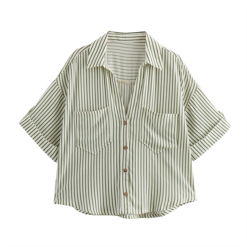 Linen blend pocket decoration single breasted short shirt