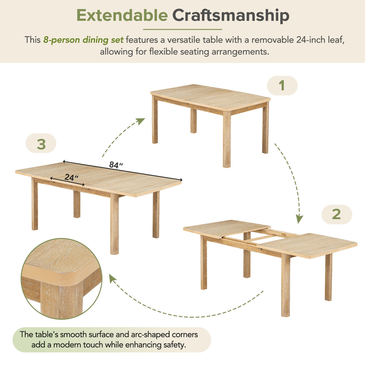 TOPMAX expandable 84 inch dining table set with 24 inch detachable leaves, 6 armless chairs and 2 armchairs  9 pieces natural