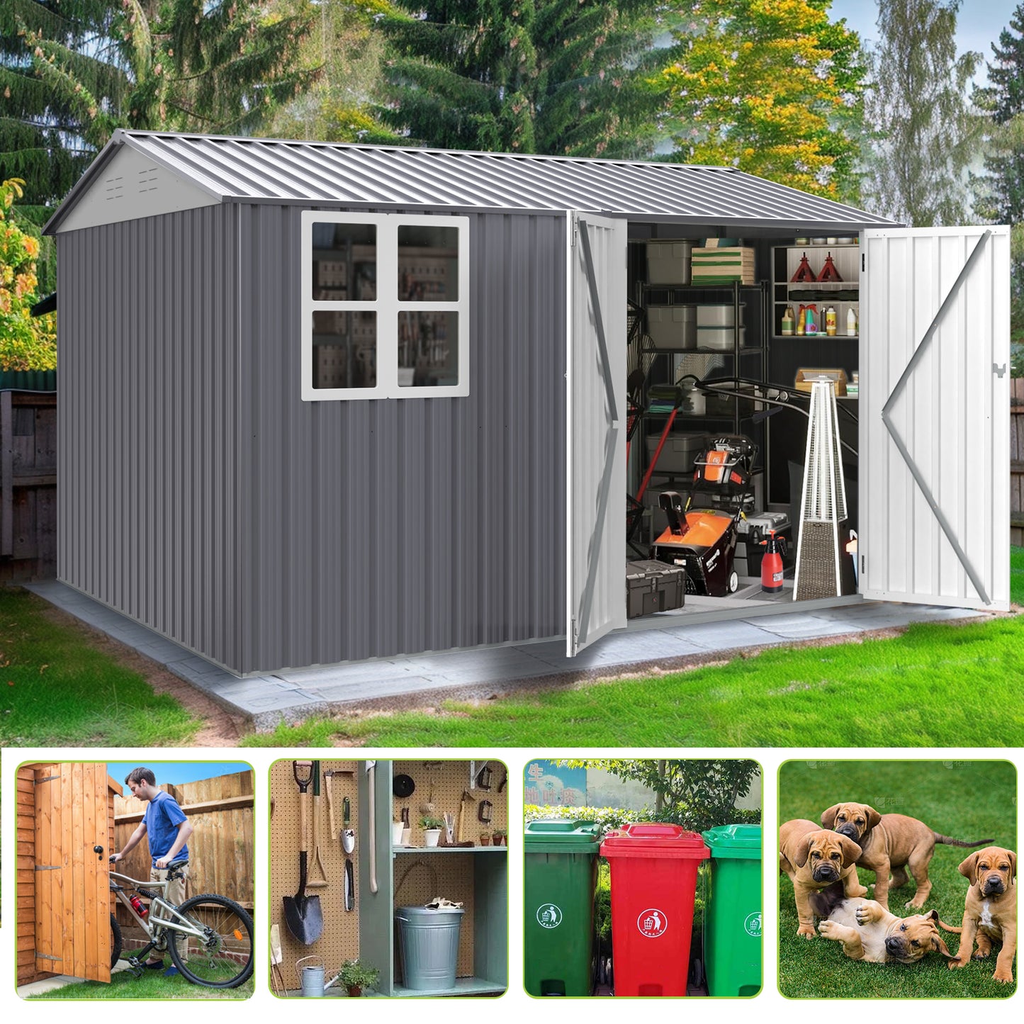 8X10FT Outdoor Storage Shed with Thickened Galvanized Steel with Sloped Roof & Double Lockable Door