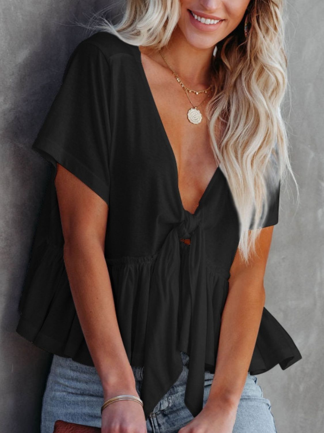 Tied Plunge Short Sleeve Blouse