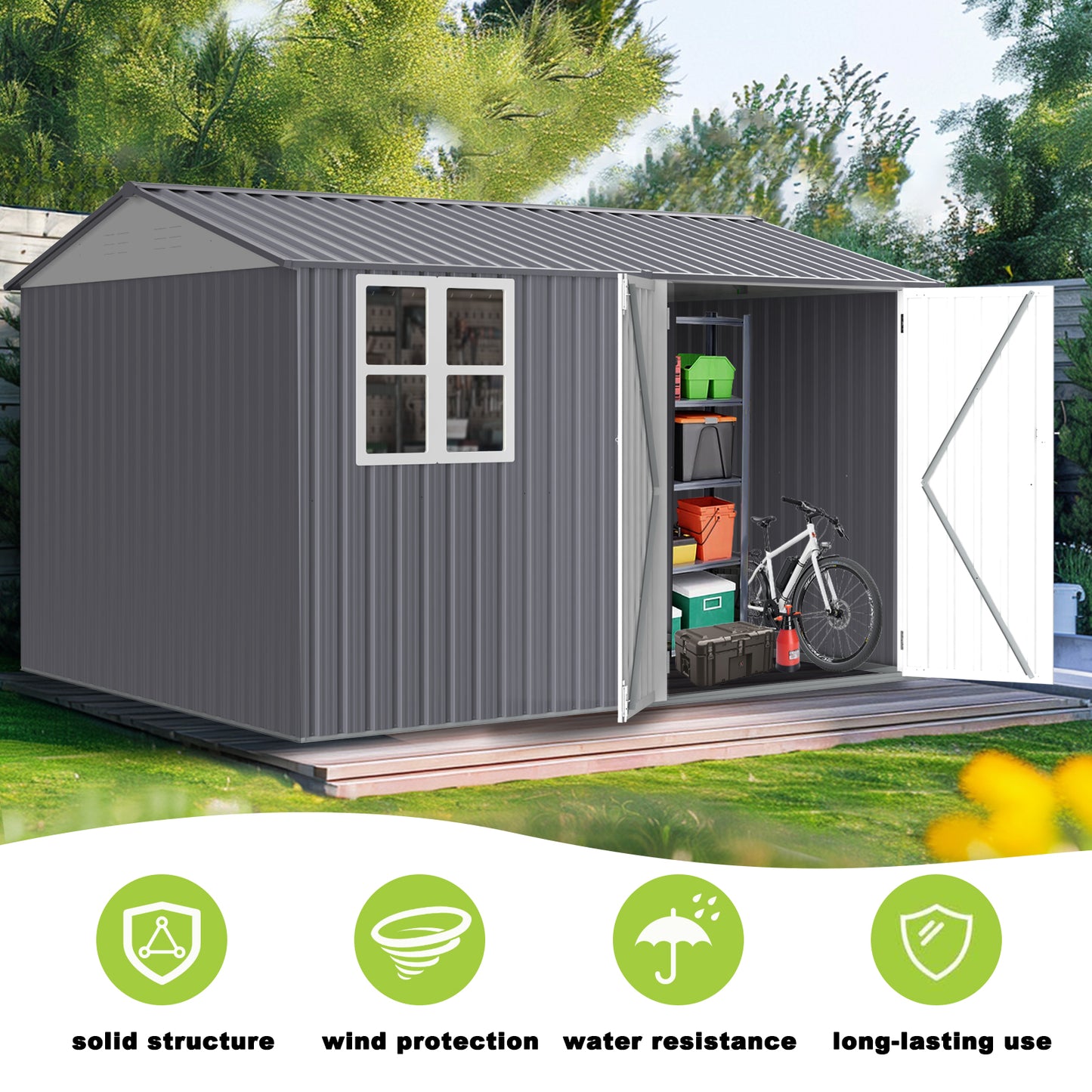 8X10FT Outdoor Storage Shed with Thickened Galvanized Steel with Sloped Roof & Double Lockable Door