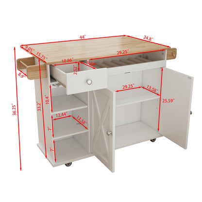 44 Inch Kitchen Island Cart with Solid Wood Top, Wine Storage, Spice Rack, Towel Rack, Wine Glass Holder White & Oak