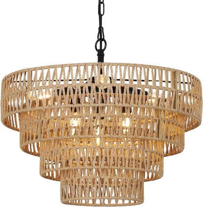 6-Light Dining Room Light Fixture, Wicker Pendant Lighting with 4-Tier Woven Lampshade, Large Farmhouse Chandeliers (20")