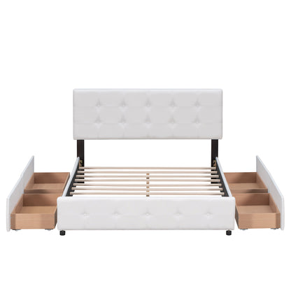 Upholstered Platform Bed with Classic Headboard and 4 Drawers No Box Spring Needed Linen Fabric Queen Size White