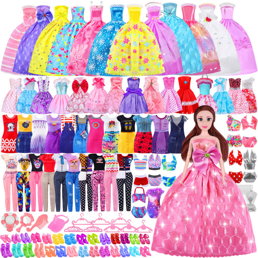 87 Pcs Doll Clothes and Accessories with Doll, Princess Gowns, Fashion Dresses, Slip Dresses, Top, Pants, Jumpsuit, Swimsuits, Shoes, Hangers, Doll Dress up Toys for Girls Kids Toddlers Toy Gifts