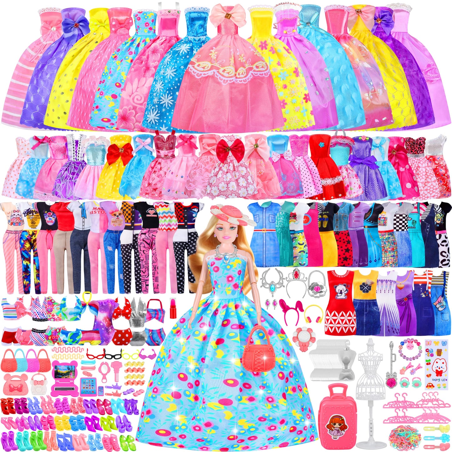 87 Pcs Doll Clothes and Accessories with Doll, Princess Gowns, Fashion Dresses, Slip Dresses, Top, Pants, Jumpsuit, Swimsuits, Shoes, Hangers, Doll Dress up Toys for Girls Kids Toddlers Toy Gifts