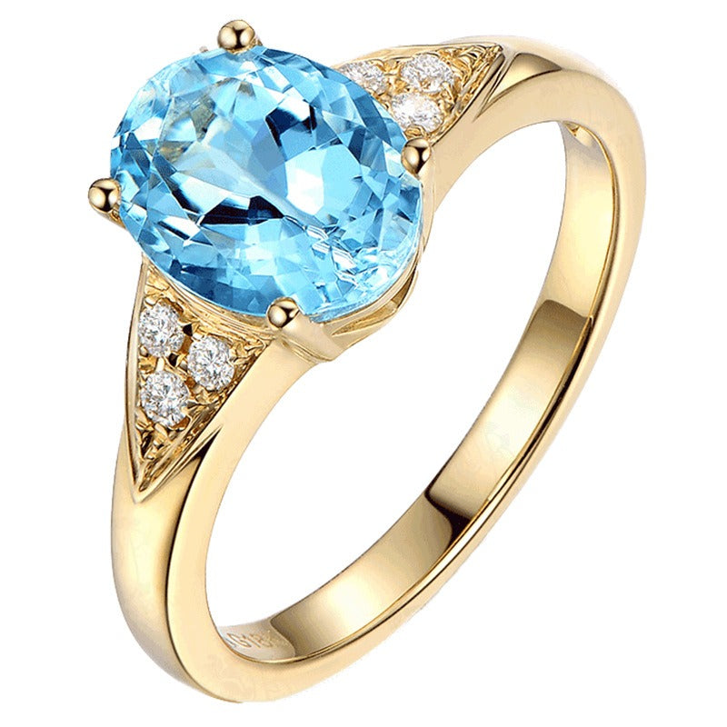 Simulated aquamarine gemstone ring with a micro inlaid gemstone opening ring and a sea blue moissanite diamond ring