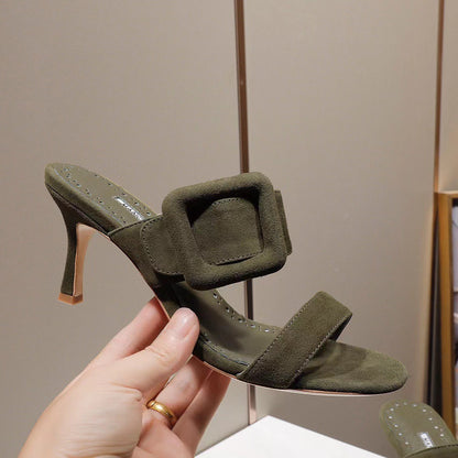 Square buckle high-heeled slippers with a straight line strap and a cool drag thin heel