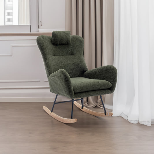 35.5-inch soft Teddy fabric rocking chair with pockets, comfortable wing straps, secure solid wood base (dark green)