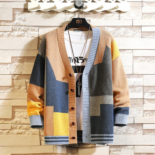 Autumn Winter High Quality Vintage Stitching Colors Men Women Casual Sweater Cardigan Multicolor Streetwear Loose Wool Knitwear