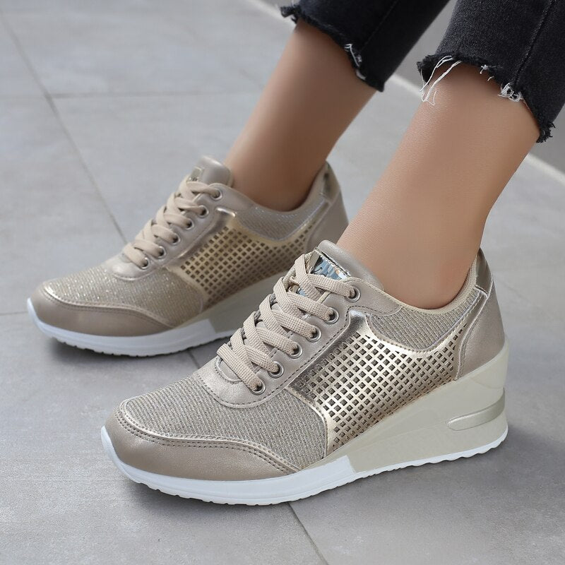 Women Height Increasing Walking Jogging Sneakers 6.5 CM Increase Gold Silver Ladies Sport Running Shoes Comfortable Girl Shoes