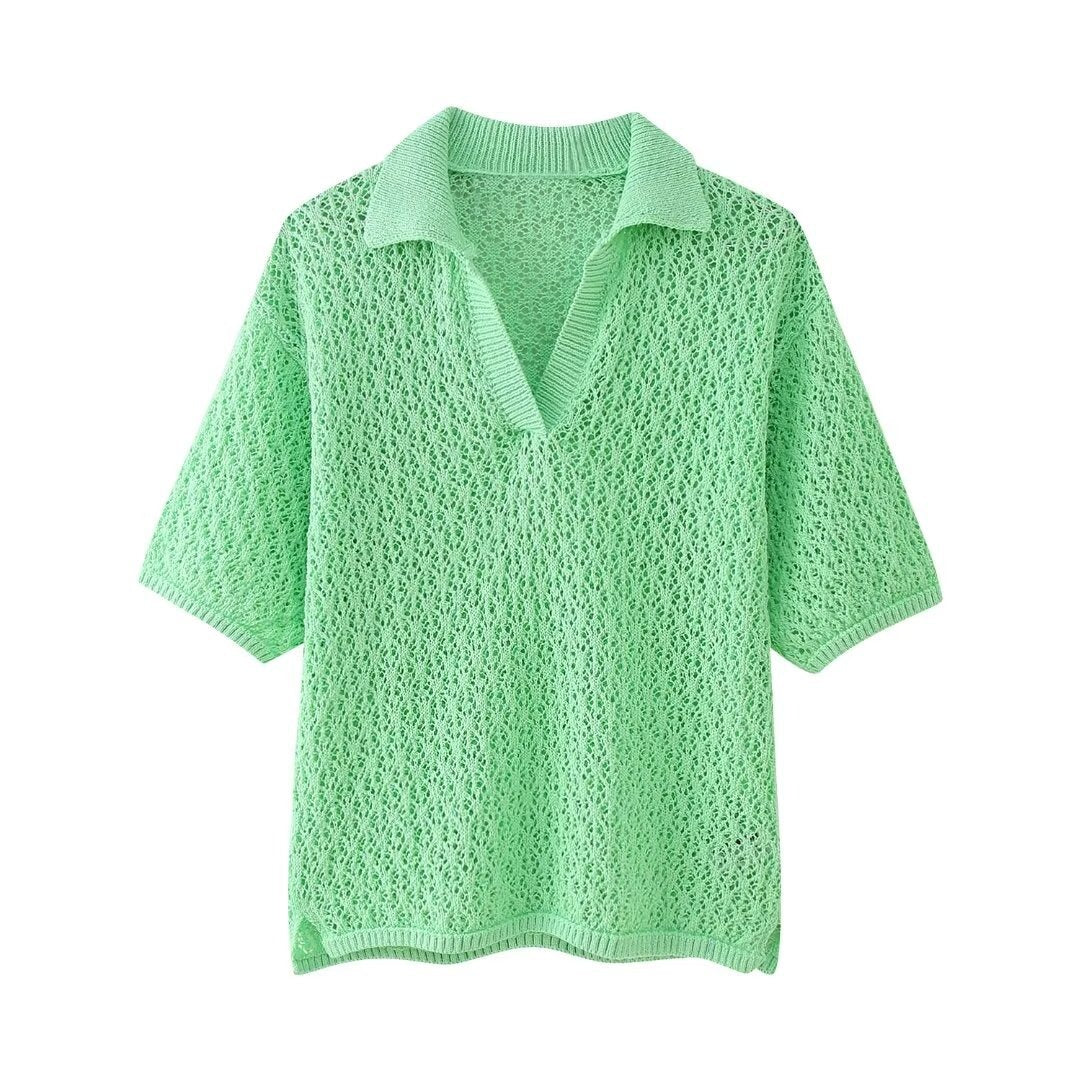 Women's Jacquard Mesh Loose Polo Knitted Shirt for Women