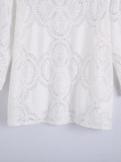 Spring New Women's Hollow Embroidered Blouse Stand Collar Three-quarter Sleeve Slim Fit All-match Top