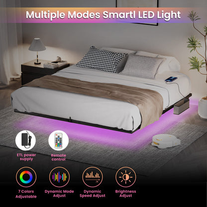 Floating Bed Frame King Size with LED Lights ＆ charging station, Metal Platform Queen Bed, 79.9'' L x 76.2'' W x 7.9'' H.