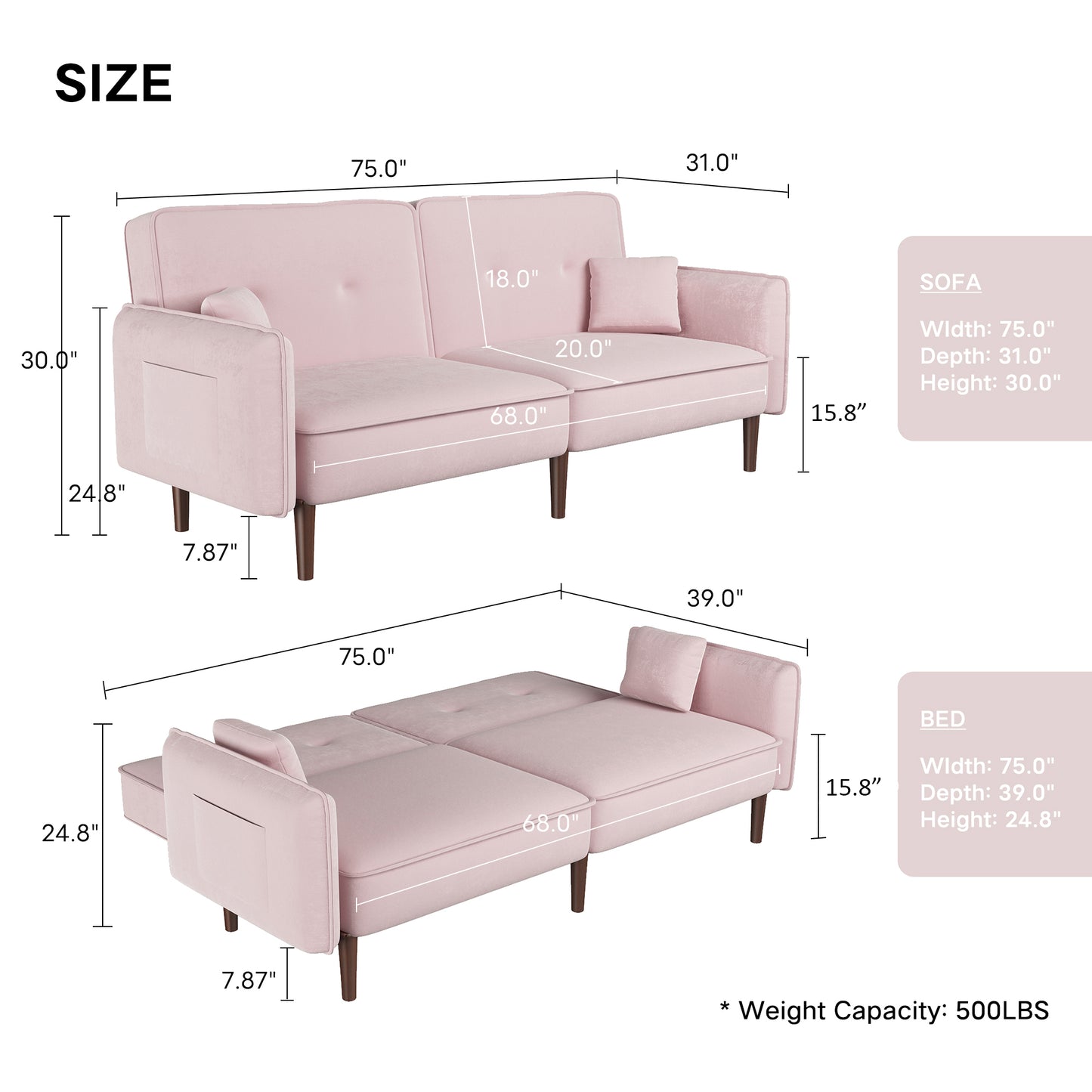 Convertible Sofa Bed with Wood Legs in Velvet(Pink)