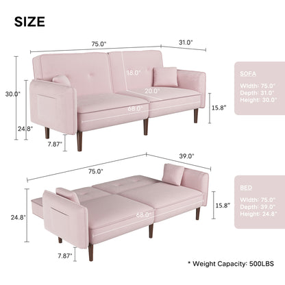 Convertible Sofa Bed with Wood Legs in Velvet(Pink)