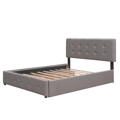 Upholstered Platform Bed with 2 Drawers and 1 Twin XL Trundle Linen Fabric Queen Size - Light Gray