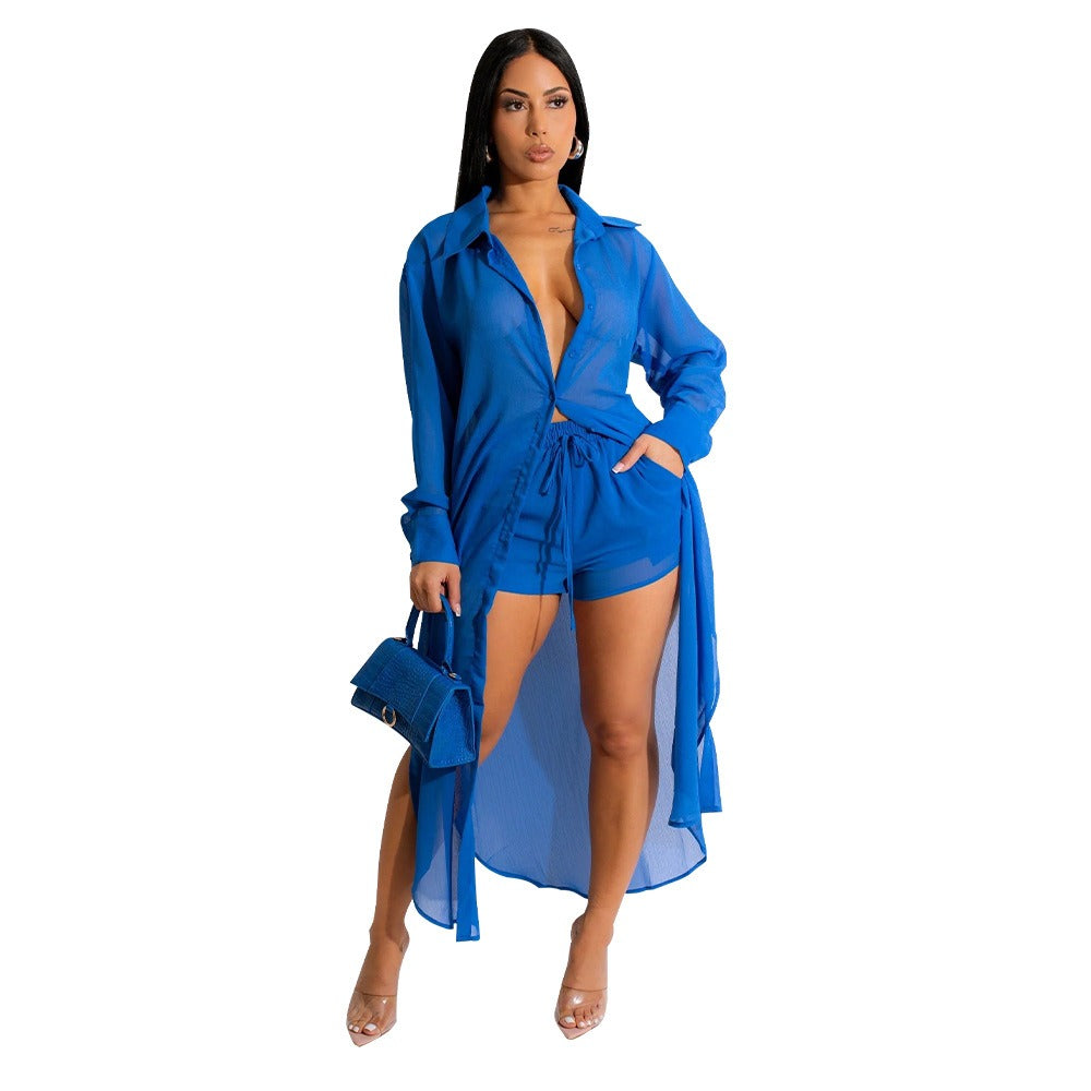 Sexy Perspective Solid Color Chiffon Long Shirt Shorts Beach Two Piece Set New