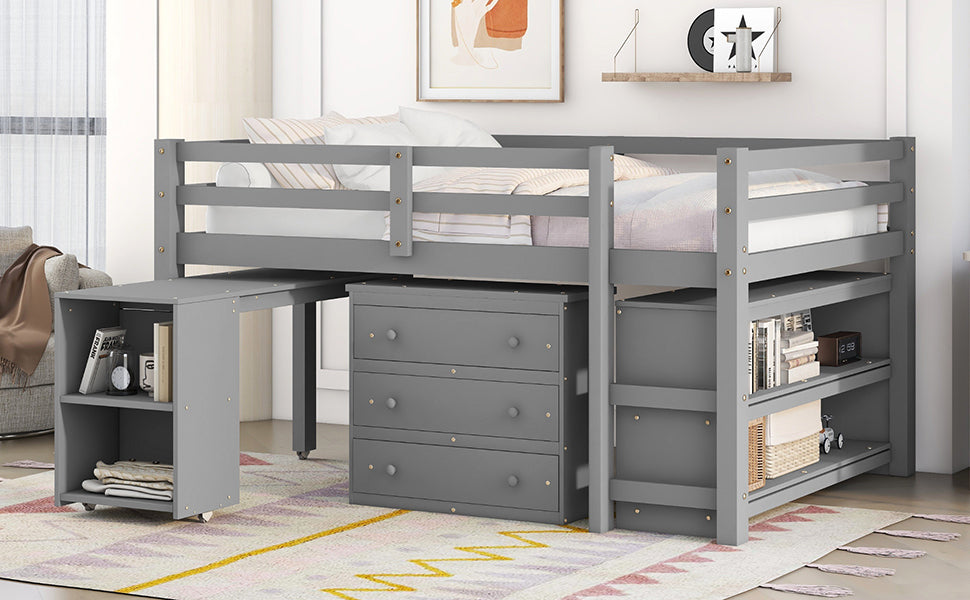 Low Study Full Loft Bed with Cabinet Shelves and Rolling Portable Desk Multiple Functions Bed- Gray