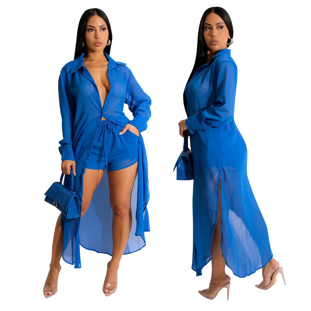 Sexy Perspective Solid Color Chiffon Long Shirt Shorts Beach Two Piece Set New