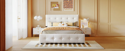 Upholstered Platform Bed with Classic Headboard and 4 Drawers No Box Spring Needed Linen Fabric Queen Size White