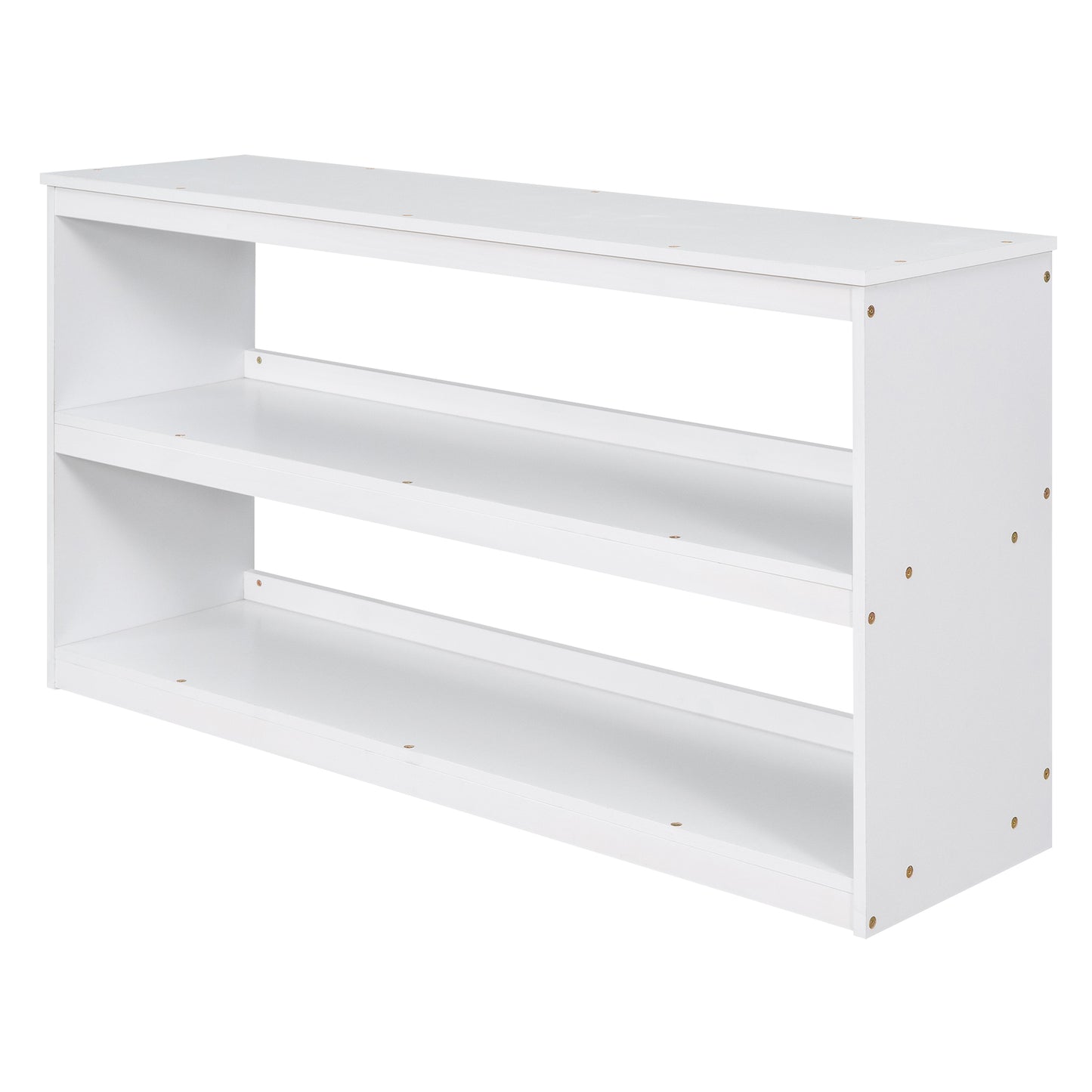 Low Study Full Loft Bed with Cabinet Shelves and Rolling Portable Desk Multiple Functions Bed- White