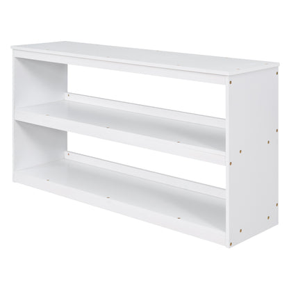 Low Study Full Loft Bed with Cabinet Shelves and Rolling Portable Desk Multiple Functions Bed- White