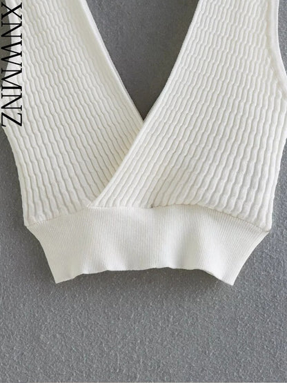 Women Fashion Knitted Crop Top Woman High Street V-neck Wide Straps Slim Fit Female Chic Top