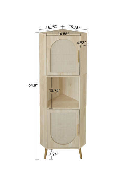 Corner cabinet ,Rattan door,Freestanding Corner Tables For Small Spaces, Corner Shelf Stand For Living Room, Kitchen, Bathroom