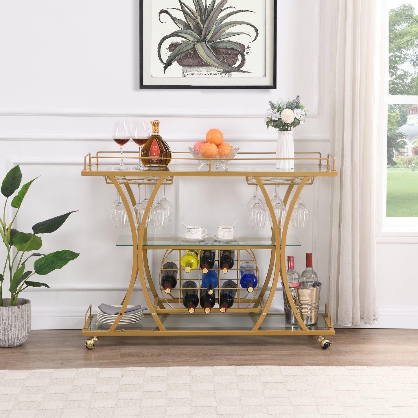 Golden Bar Cart with Wine Rack Tempered Glass Metal Frame Wine Storage