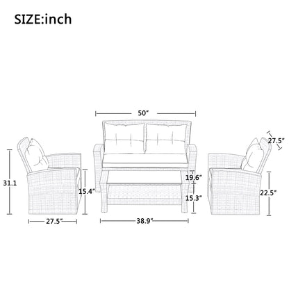 U-style Patio Furniture Set, 4 Piece Outdoor Conversation Set All Weather Wicker  Sectional Sofa with Ottoman and Cushions