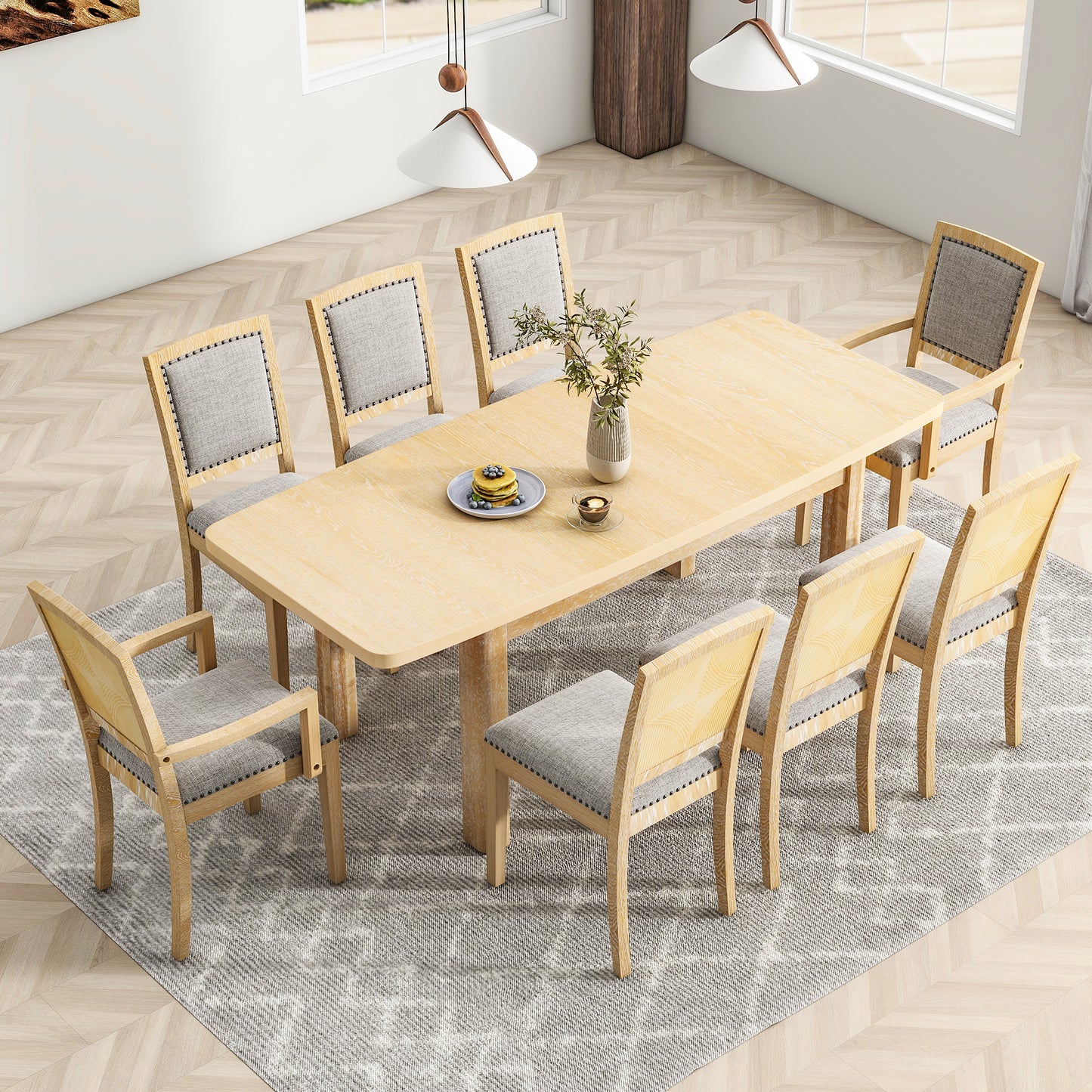 TOPMAX expandable 84 inch dining table set with 24 inch detachable leaves, 6 armless chairs and 2 armchairs  9 pieces natural