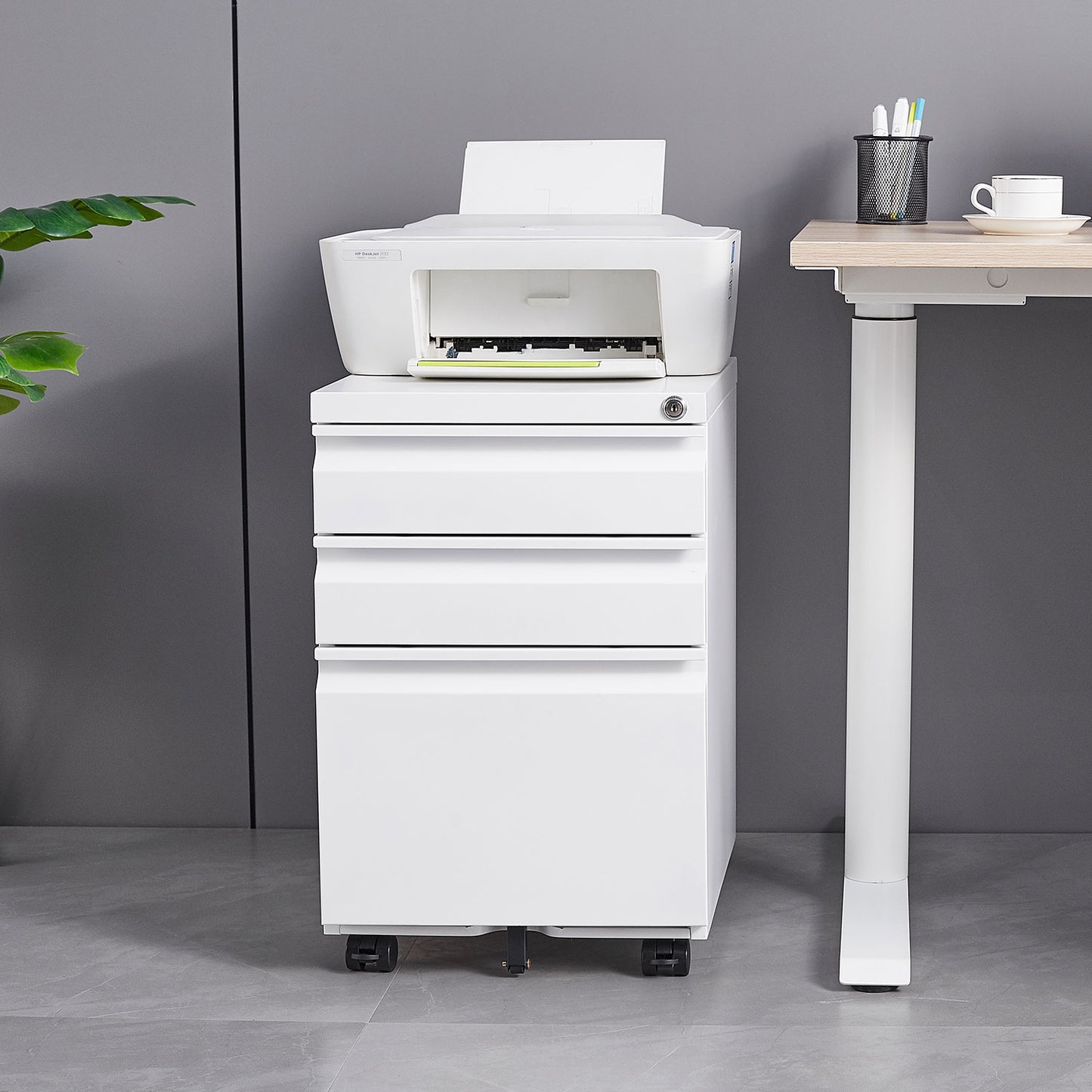 Locked three drawer storage mobile metal filing cabinet, pre assembled filing cabinet, except for wheels under the table (white)