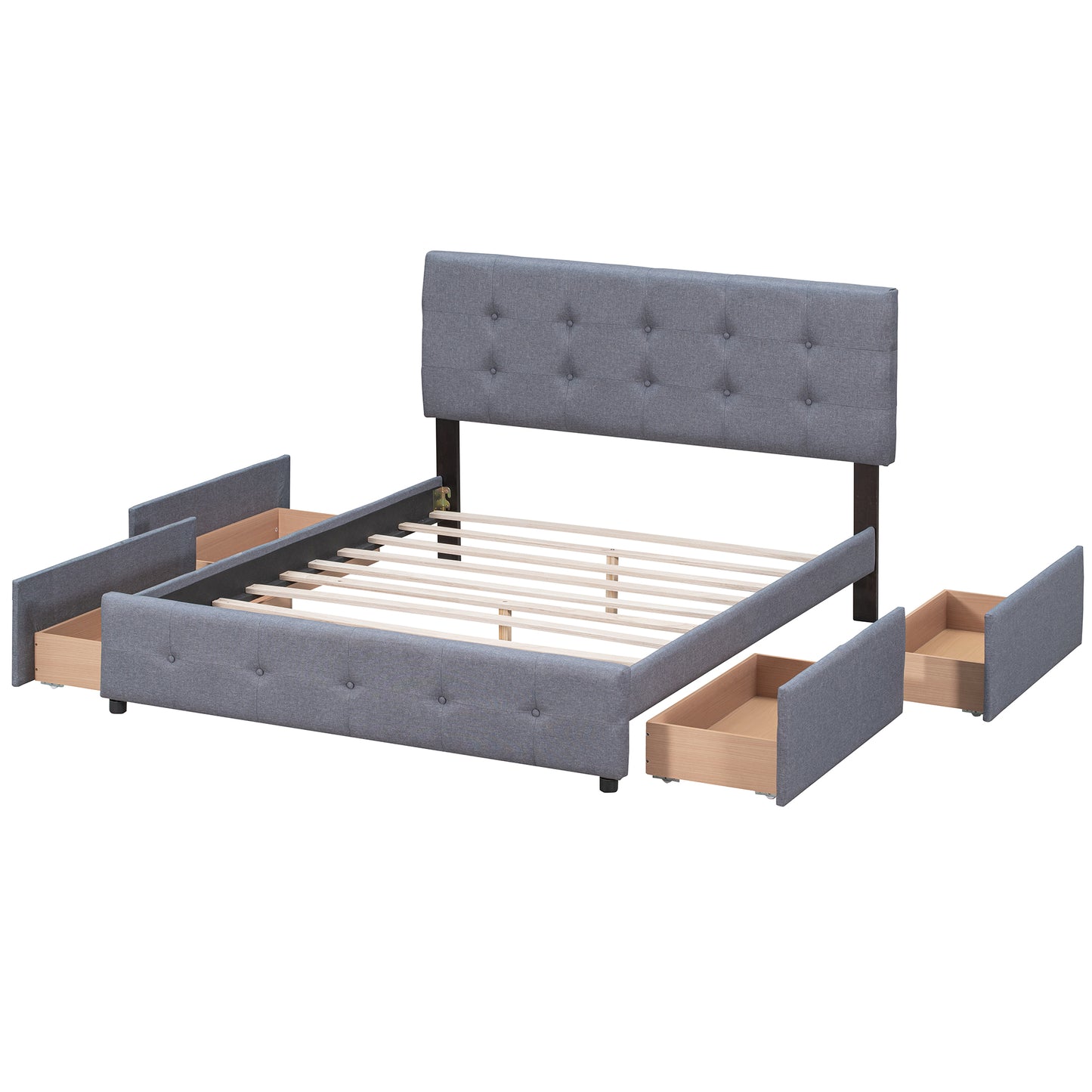 Upholstered Platform Bed with Classic Headboard and 4 Drawers No Box Spring Needed Linen Fabric Queen Size Dark gray