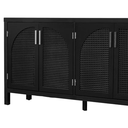 TREXM Large Storage Space Sideboard with Artificial Rattan Door and Metal Handles for Living Room and Entryway (Black)