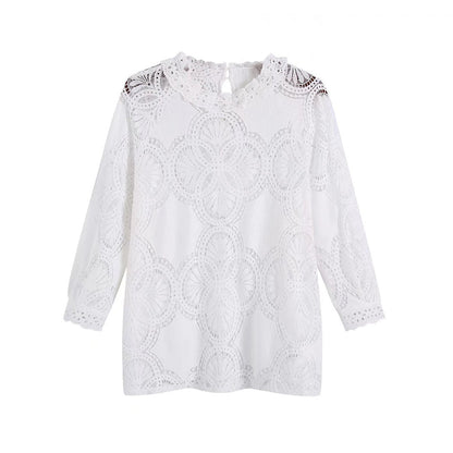 Spring New Women's Hollow Embroidered Blouse Stand Collar Three-quarter Sleeve Slim Fit All-match Top