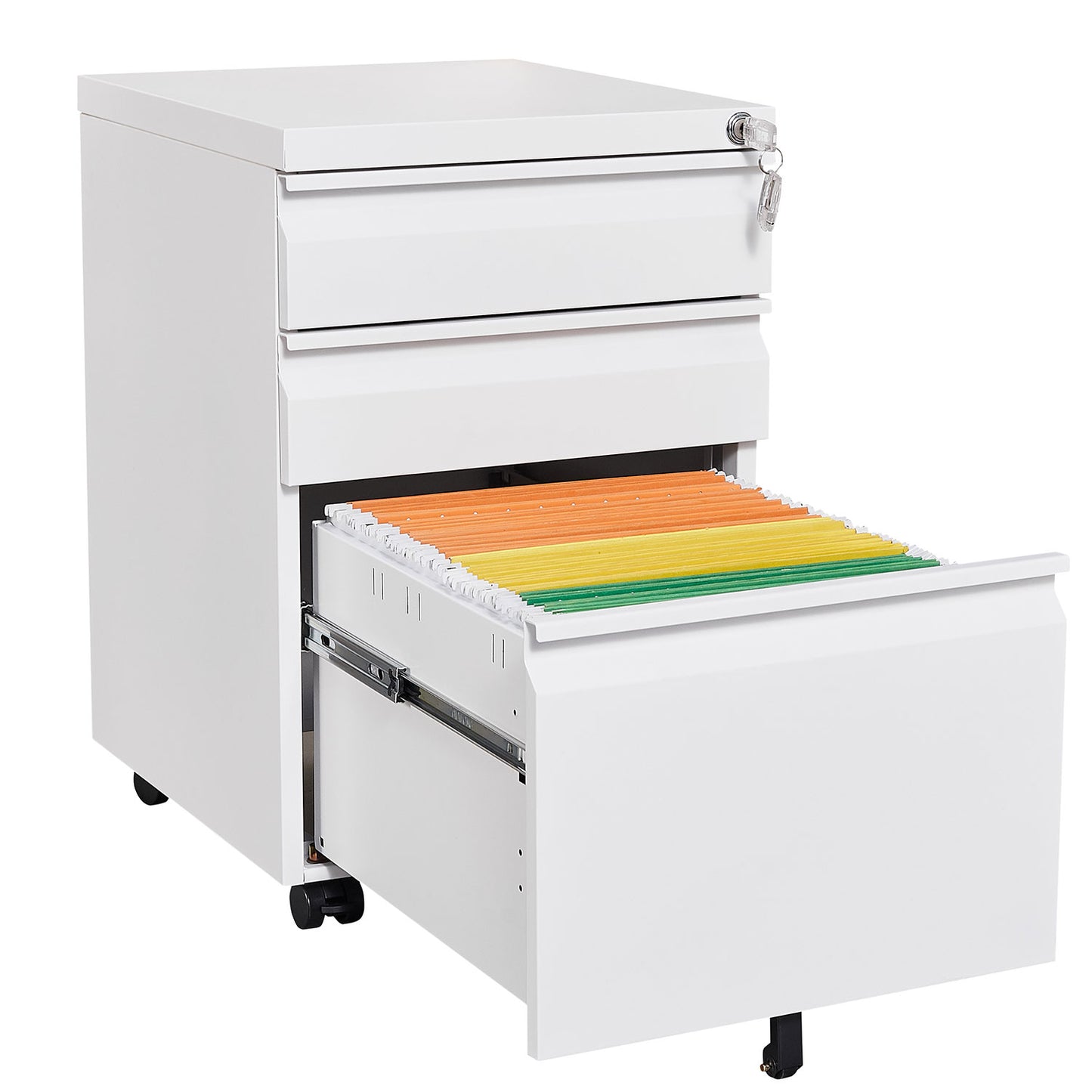 Locked three drawer storage mobile metal filing cabinet, pre assembled filing cabinet, except for wheels under the table (white)