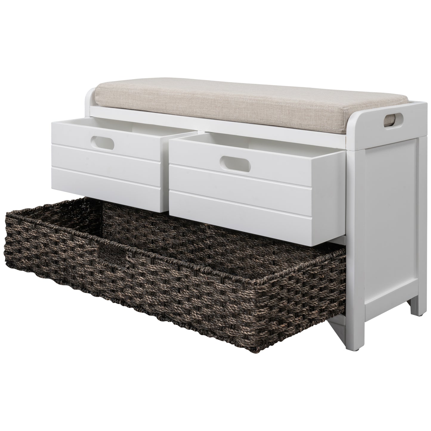 TREXM White Storage Bench with Removable Basket and 2 DrawersFully Assembled Shoe Bench with Removable Cushion