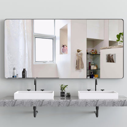 Large bathroom mirror with movable tray wall mounted mirror, vertically and horizontally suspended aluminum frame wall mounted m