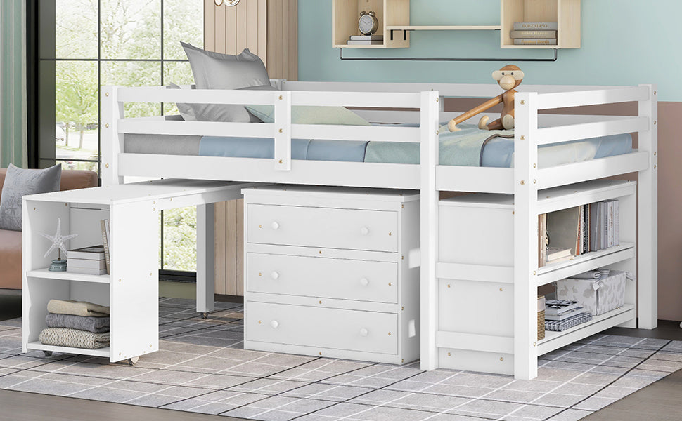 Low Study Full Loft Bed with Cabinet Shelves and Rolling Portable Desk Multiple Functions Bed- White