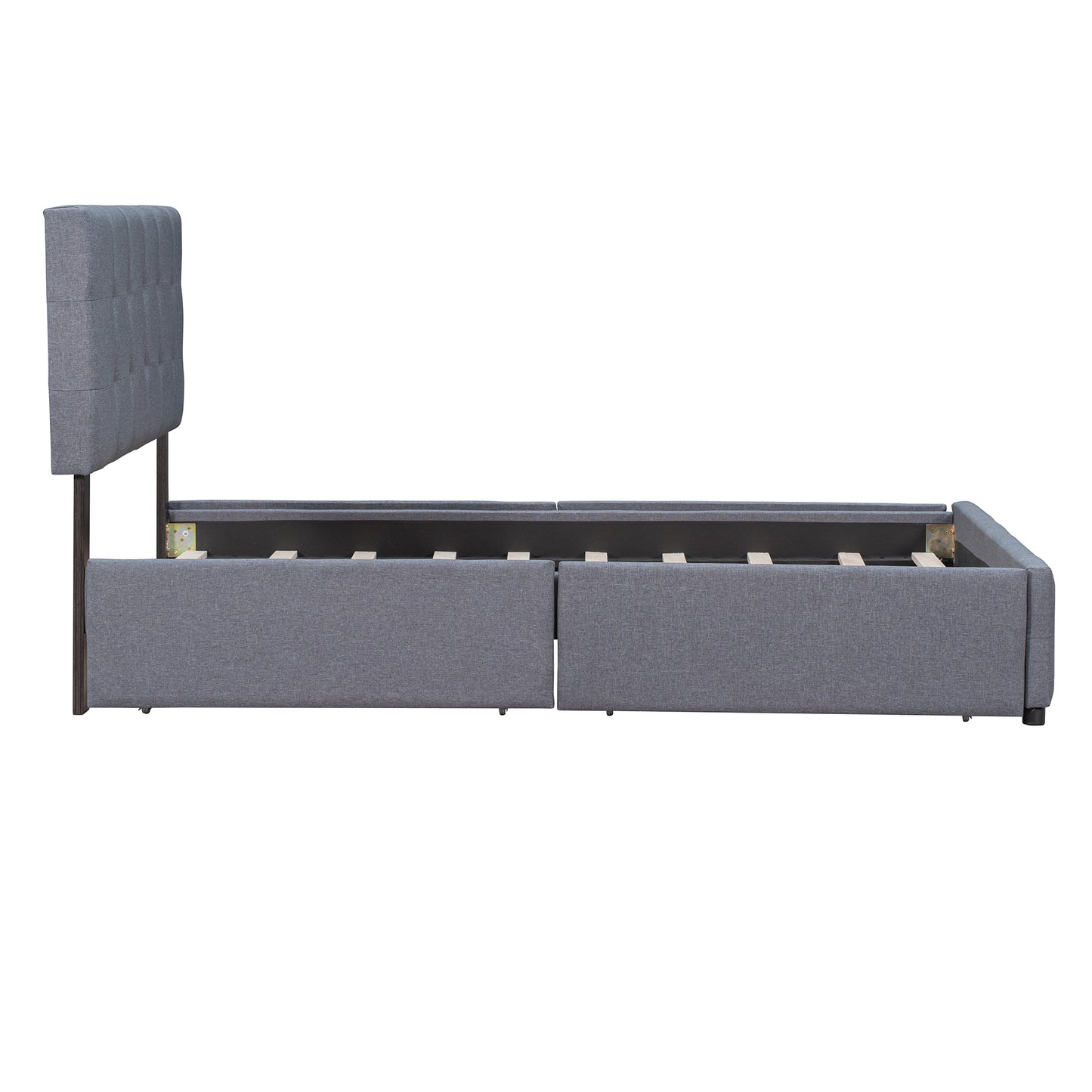 Upholstered Platform Bed with Classic Headboard and 4 Drawers No Box Spring Needed Linen Fabric Queen Size Dark gray