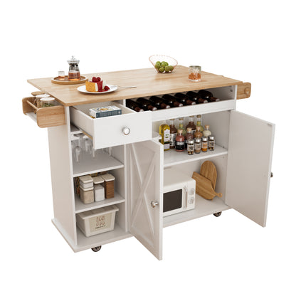 44 Inch Kitchen Island Cart with Solid Wood Top, Wine Storage, Spice Rack, Towel Rack, Wine Glass Holder White & Oak