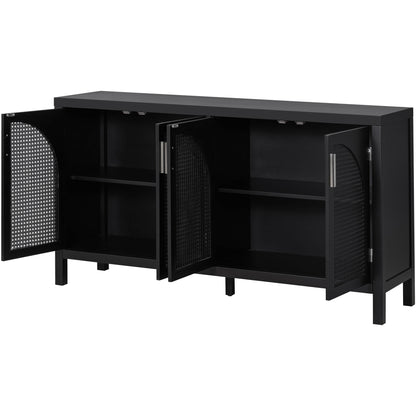 TREXM Large Storage Space Sideboard with Artificial Rattan Door and Metal Handles for Living Room and Entryway (Black)