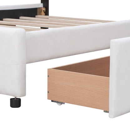 Upholstered Platform Bed with Classic Headboard and 4 Drawers No Box Spring Needed Linen Fabric Queen Size White