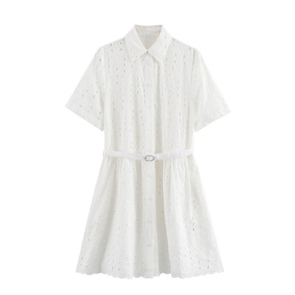 French hollow embroidery with belt short dress