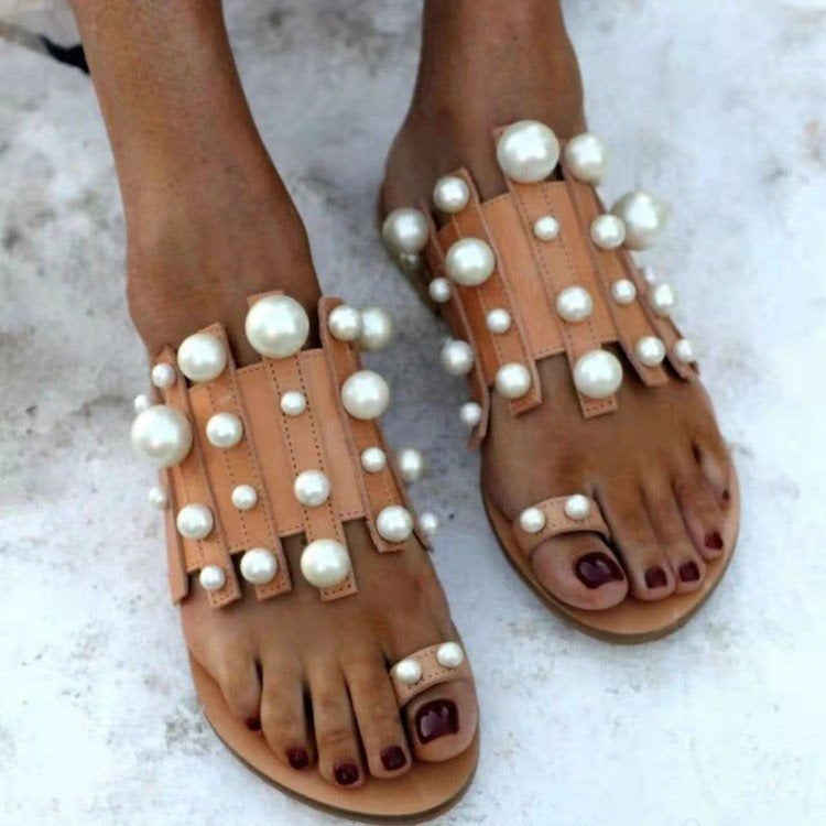 Beach toe set pearl flat sandals for women's shoes